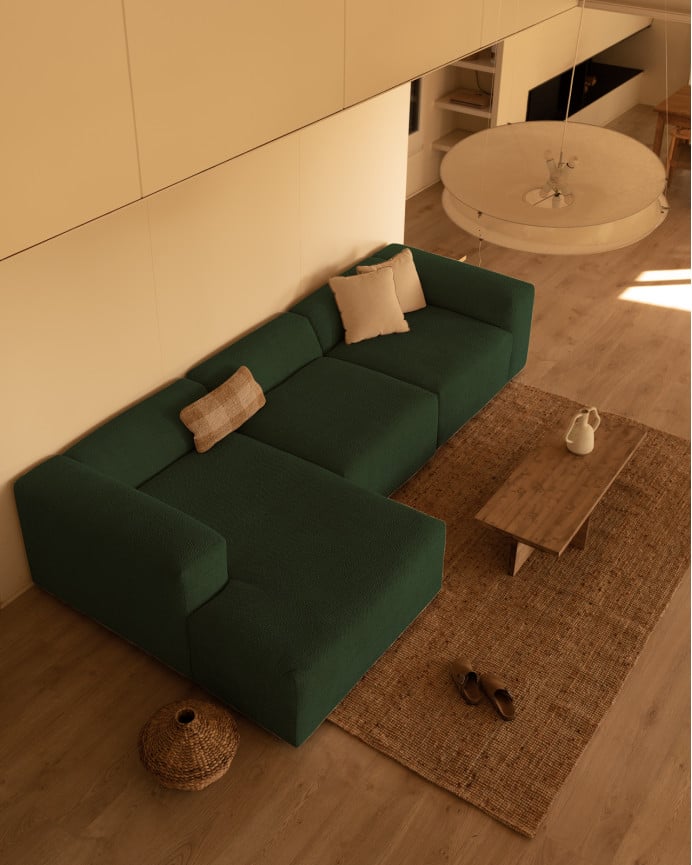 Deco Wood Sofá De 3 Módulos Con Chaise Longue Izquierdo De Bouclé Color Verde 330x172cm