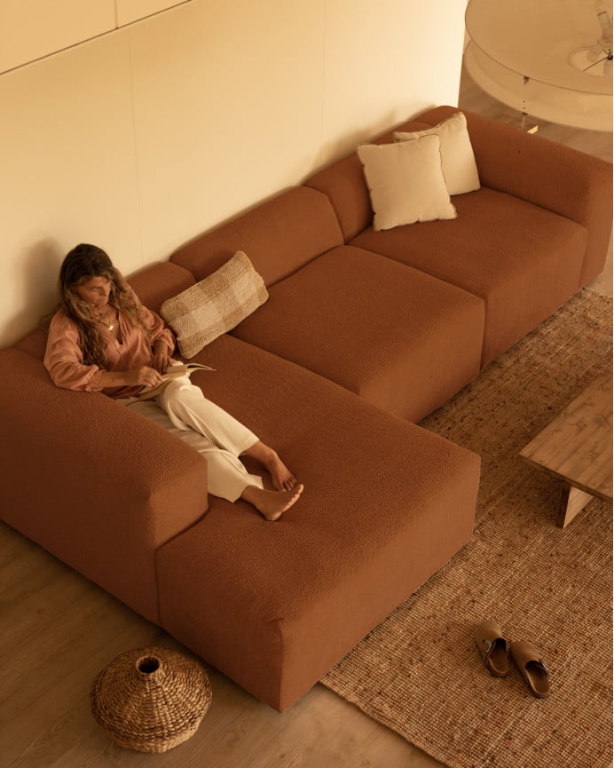 Deco Wood Sofá De 3 Módulos Con Chaise Longue Izquierdo De Bouclé Color Cobre 330x172cm