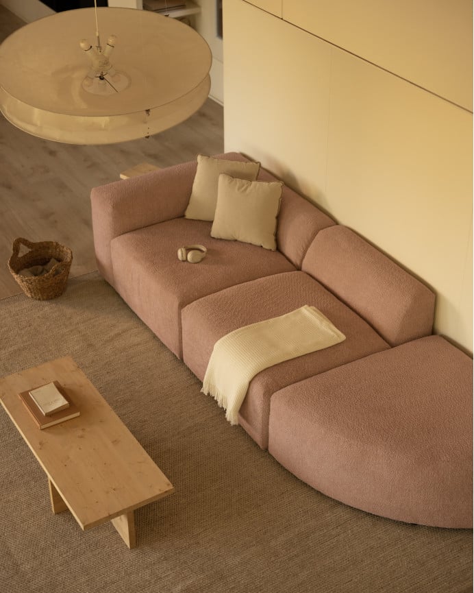 Deco Wood Sofá De 3 Módulos Con Curva Derecha De Bouclé Color Rosa 320x110cm