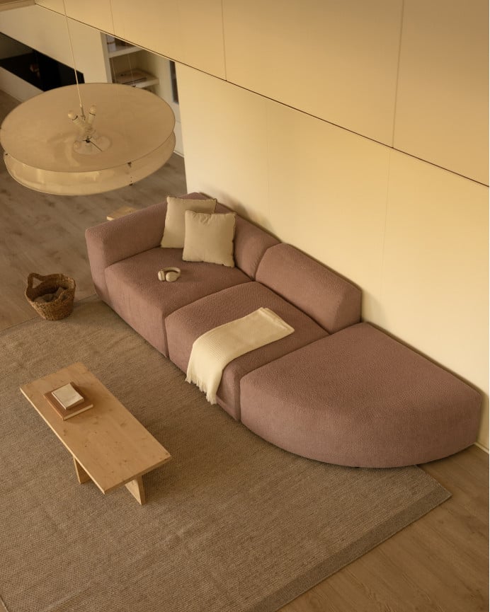 Deco Wood Sofá De 3 Módulos Con Curva Derecha De Bouclé Color Rosa 320x110cm