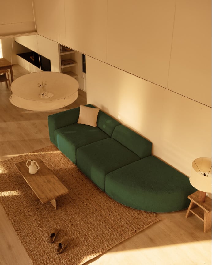 Deco Wood Sofá De 3 Módulos Con Curva Derecha De Bouclé Color Verde 320x110cm