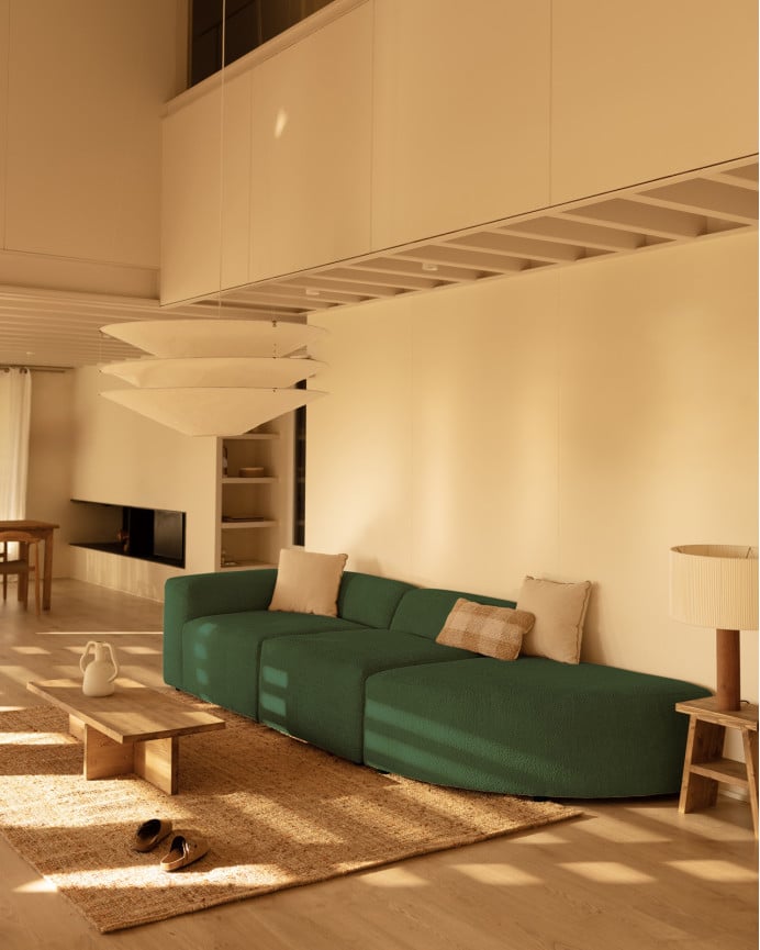 Deco Wood Sofá De 3 Módulos Con Curva Derecha De Bouclé Color Verde 320x110cm