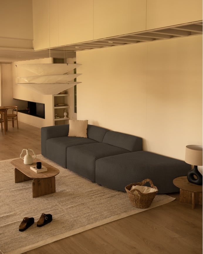 Deco Wood Sofá De 3 Módulos Con Curva Derecha De Bouclé Color Gris Oscuro 320x110cm