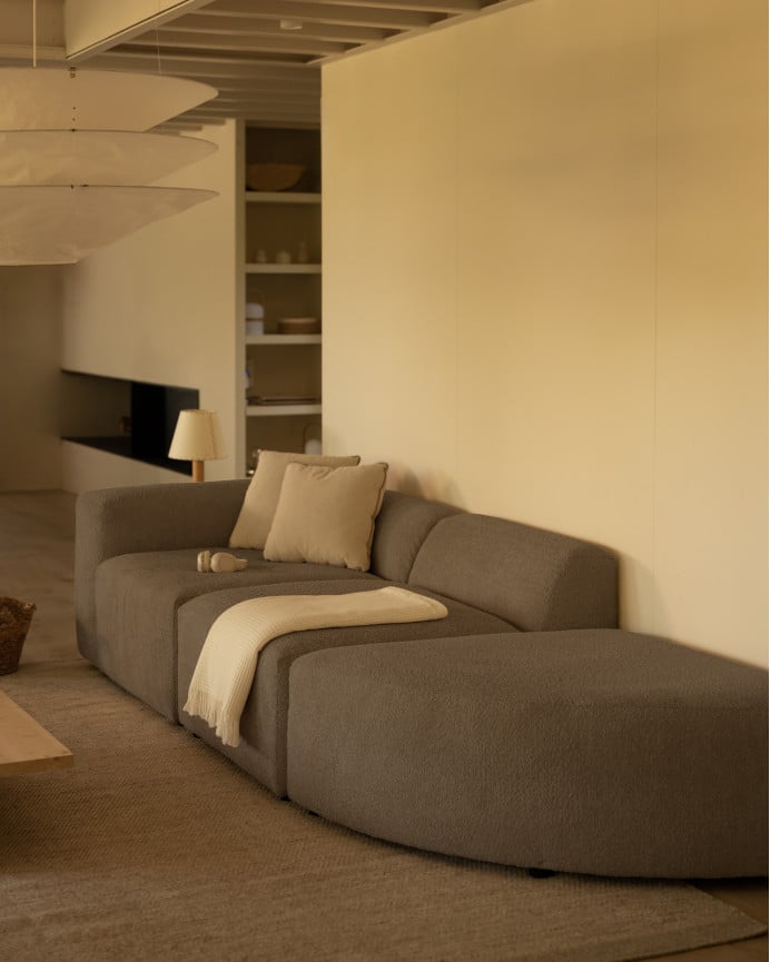 Deco Wood Sofá De 3 Módulos Con Curva Derecha De Bouclé Color Marrón 320x110cm