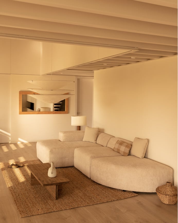 Deco Wood Sofá De 3 Módulos Curvo Con Chaise Longue Izquierdo De Bouclé Color Beige 320x172cm