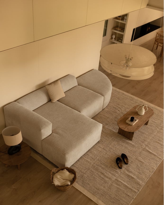 Deco Wood Sofá De 3 Módulos Curvo Con Chaise Longue Izquierdo De Bouclé Color Gris Claro 320x172cm