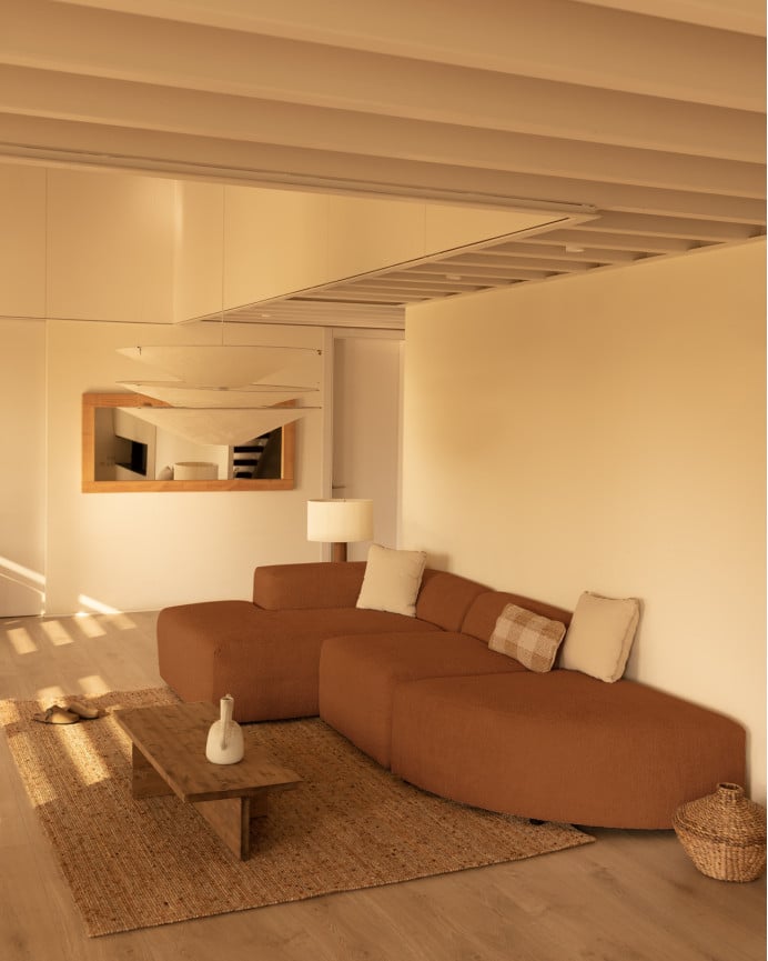 Deco Wood Sofá De 3 Módulos Curvo Con Chaise Longue Izquierdo De Bouclé Color Cobre 320x172cm