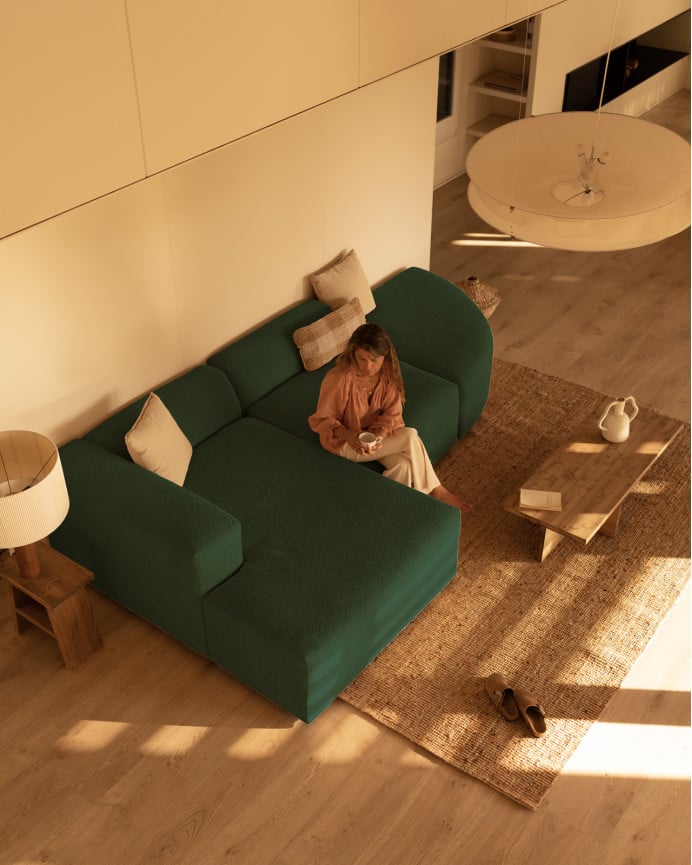 Deco Wood Sofá De 3 Módulos Curvo Con Chaise Longue Izquierdo De Bouclé Color Verde 320x172cm