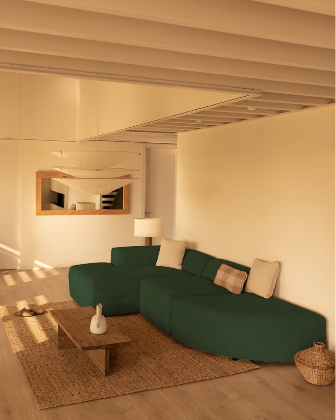 Deco Wood Sofá De 3 Módulos Curvo Con Chaise Longue Izquierdo De Bouclé Color Verde 320x172cm