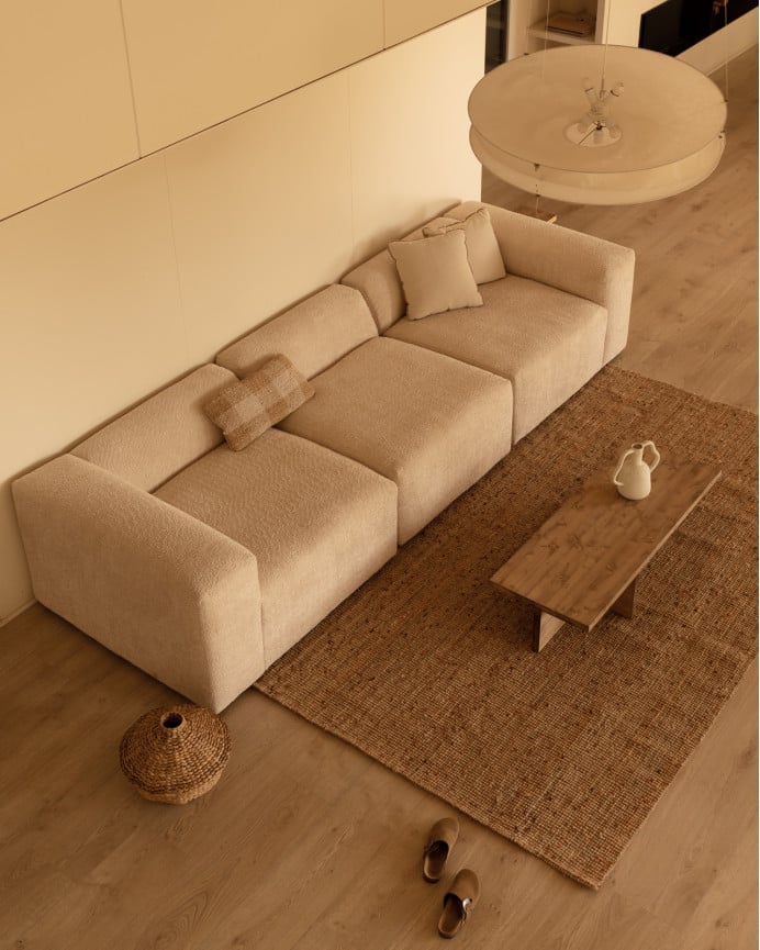 Deco Wood Sofá De 3 Módulos De Bouclé Color Beige 330x110cm