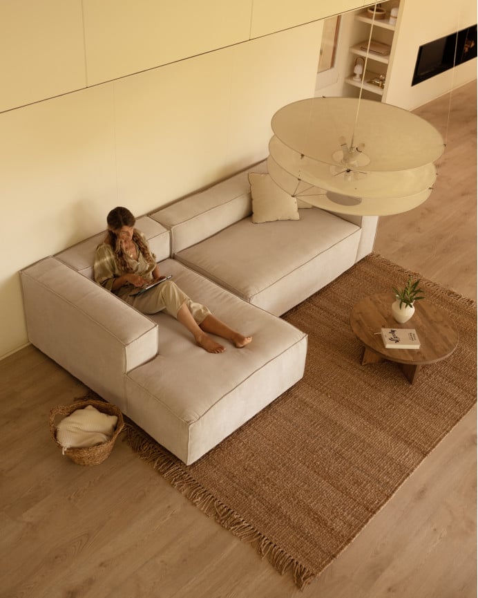 Deco Wood Sofá De 3 Plazas Con Chaise Longue Izquierdo De Pana Color Blanco Roto 250x175cm