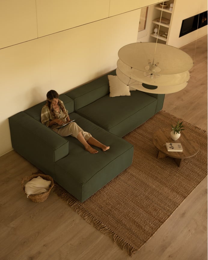 Deco Wood Sofá De 3 Plazas Con Chaise Longue Izquierdo De Pana Color Verde 250x175cm