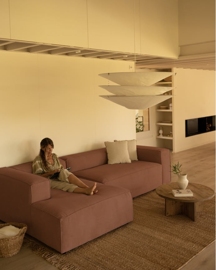 Deco Wood Sofá De 3 Plazas Con Chaise Longue Izquierdo De Pana Color Coral 250x175cm