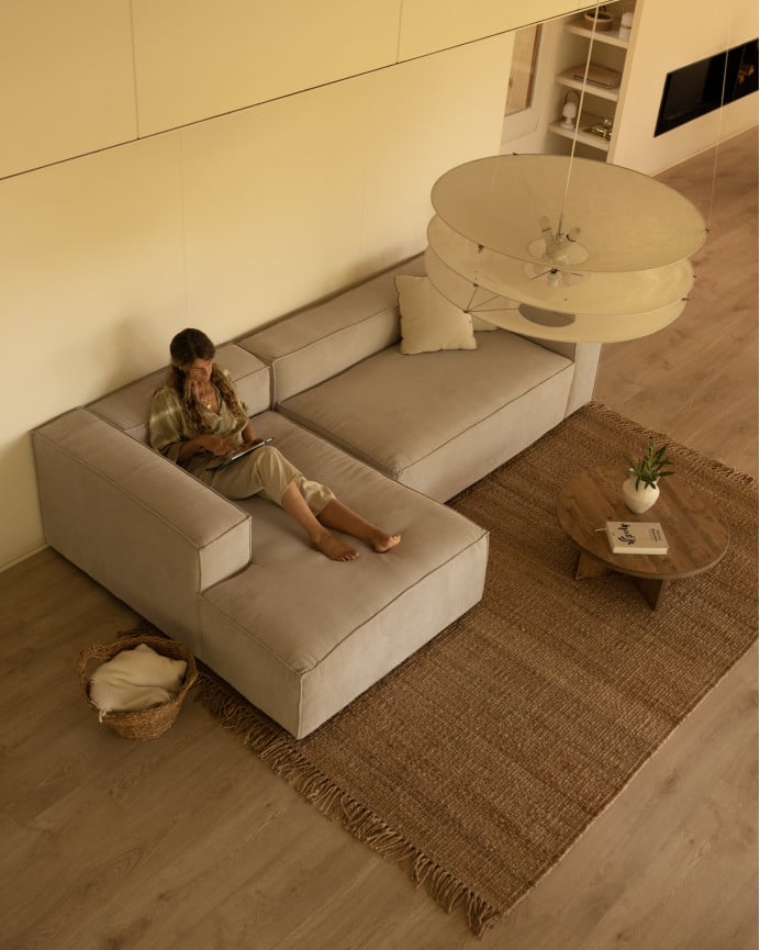 Deco Wood Sofá De 3 Plazas Con Chaise Longue Izquierdo De Pana Color Beige 250x175cm