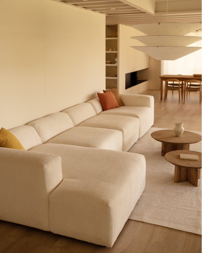 Deco Wood Sofá De 4 Módulos Con Chaise Longue Izquierdo De Bouclé Color Blanco 420x172cm