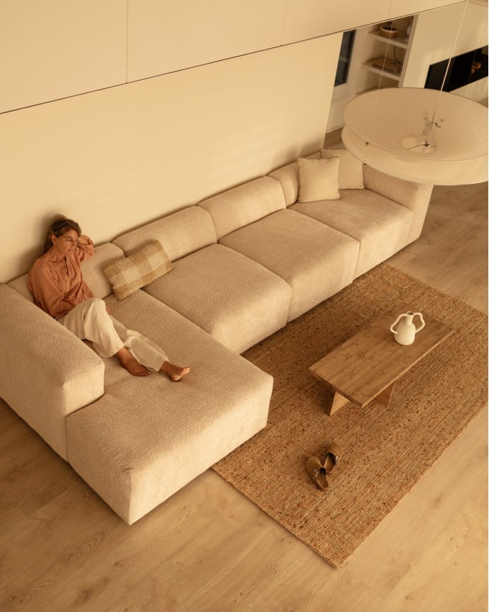 Deco Wood Sofá De 4 Módulos Con Chaise Longue Izquierdo De Bouclé Color Beige 420x172cm