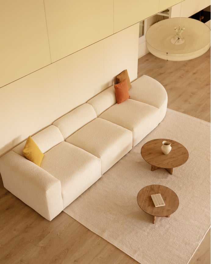 Deco Wood Sofá De 4 Módulos Con Curva Derecha De Bouclé Color Blanco 410x110cm
