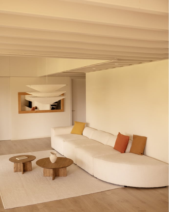 Deco Wood Sofá De 4 Módulos Con Curva Derecha De Bouclé Color Blanco 410x110cm