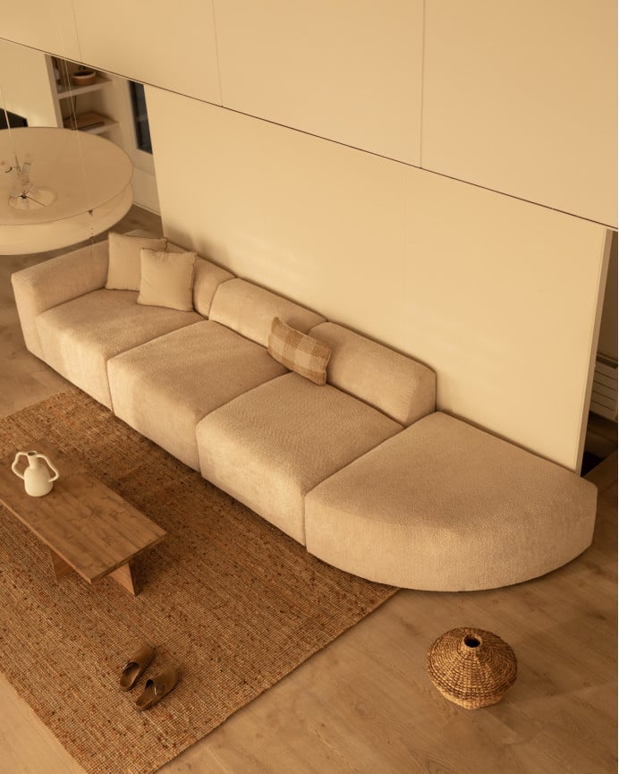 Deco Wood Sofá De 4 Módulos Con Curva Derecha De Bouclé Color Beige 410x110cm