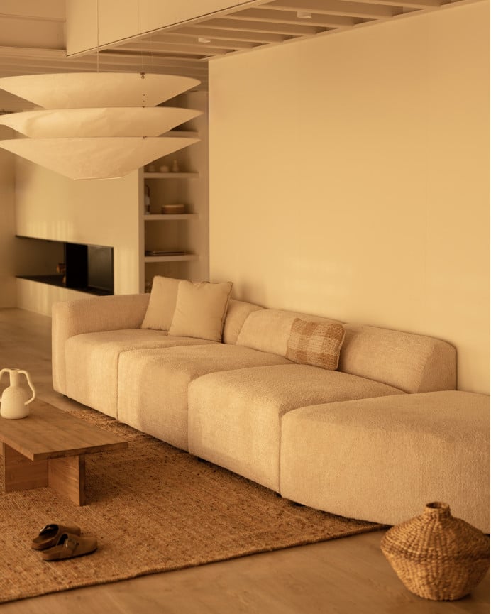 Deco Wood Sofá De 4 Módulos Con Curva Derecha De Bouclé Color Beige 410x110cm