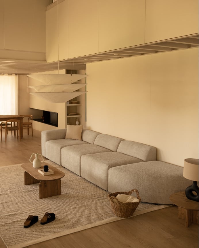 Deco Wood Sofá De 4 Módulos Con Curva Derecha De Bouclé Color Gris Claro 410x110cm