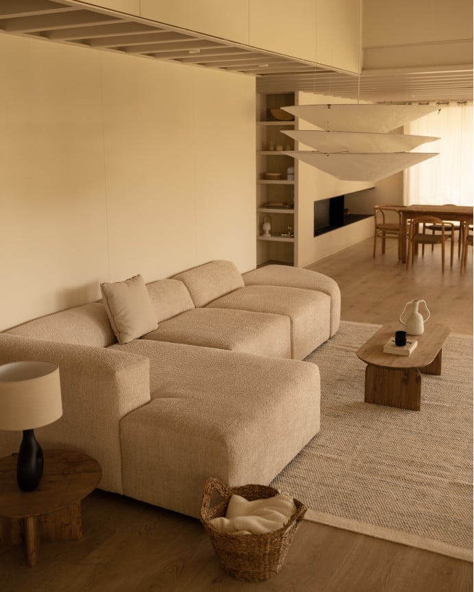 Deco Wood Sofá De 4 Módulos Curvo Con Chaise Longue Izquierdo De Bouclé Color Beige 410x172cm