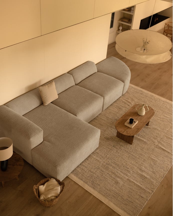 Deco Wood Sofá De 4 Módulos Curvo Con Chaise Longue Izquierdo De Bouclé Color Gris Claro 410x172cm