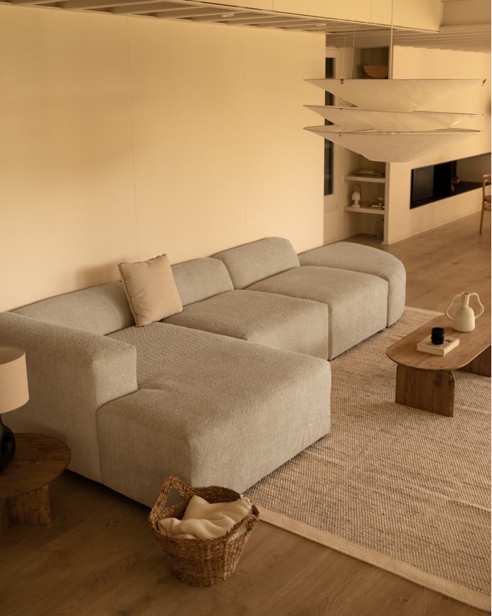 Deco Wood Sofá De 4 Módulos Curvo Con Chaise Longue Izquierdo De Bouclé Color Gris Claro 410x172cm