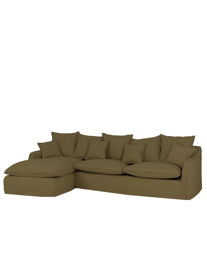 Deco wood Sofá de 4 plazas con chaise longue izquierdo de algodón y lino desenfundable color verde 278x170cm