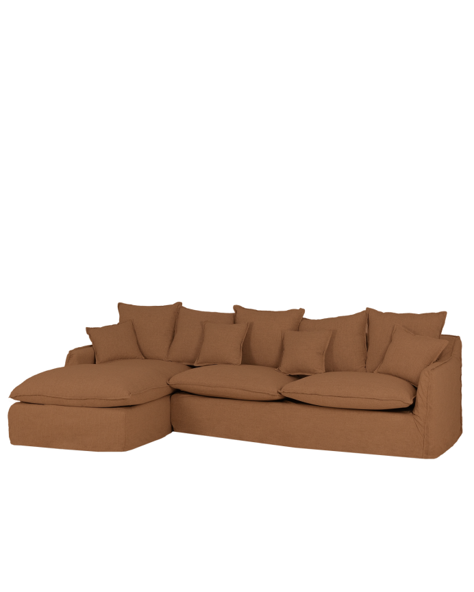 Deco wood Sofá de 4 plazas con chaise longue izquierdo de algodón y lino desenfundable color teja 278x170cm