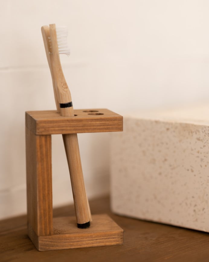 Deco Wood Soporte Para Cepillos De Dientes De Madera Maciza Tono Roble Oscuro De 12x6cm