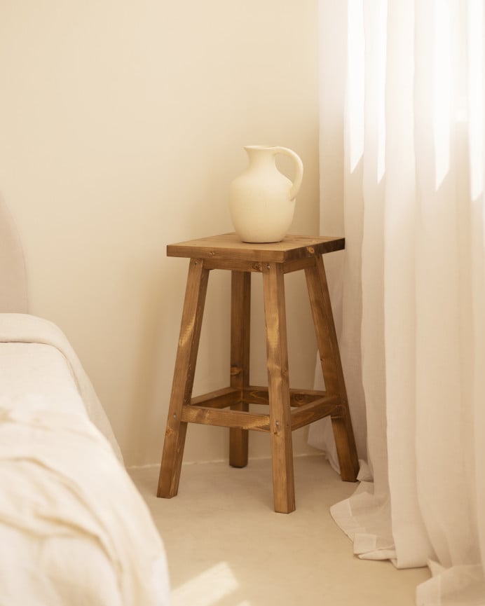 Deco Wood Taburete Alto De Madera Maciza Tono Roble Oscuro De 70cm