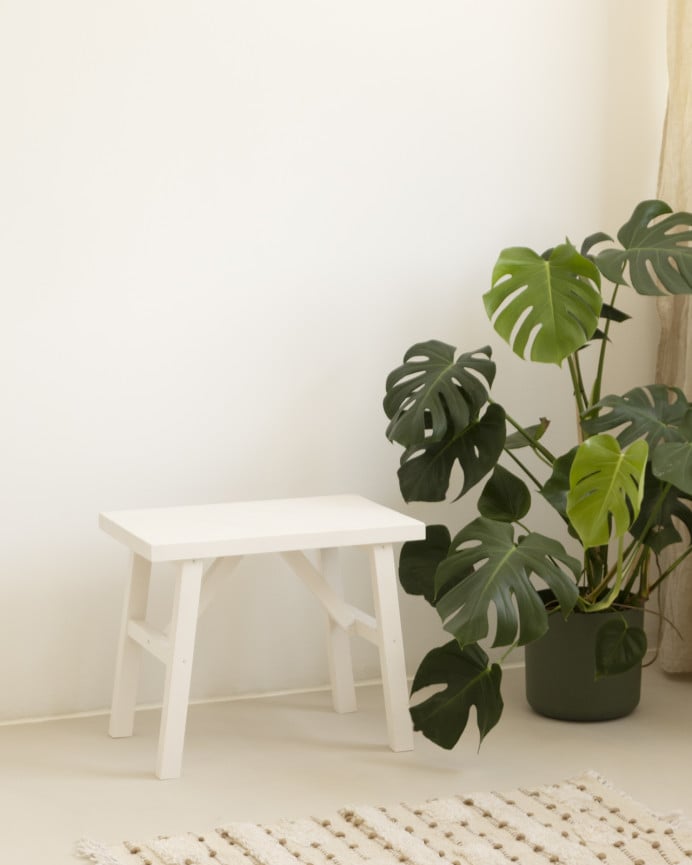 Deco Wood Taburete De Madera Maciza En Tono Blanco De 45x55cm