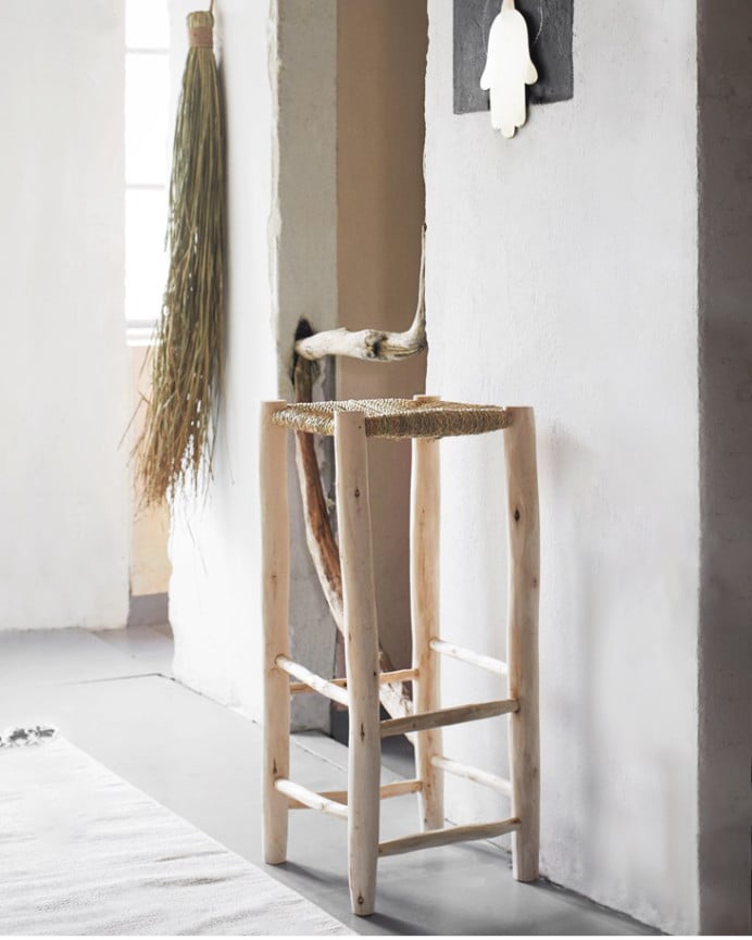 Deco Wood Taburete Trenzado De Palmito Y Estructura De Madera Maciza De 75x40cm