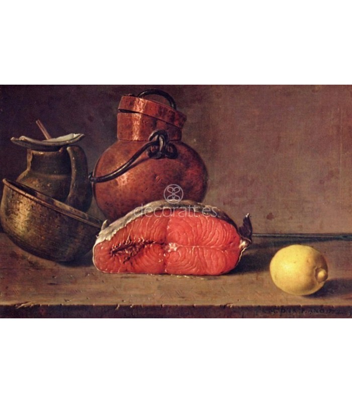 Decoratt Bodegon un trozo de salmón un limón y tres vasijas