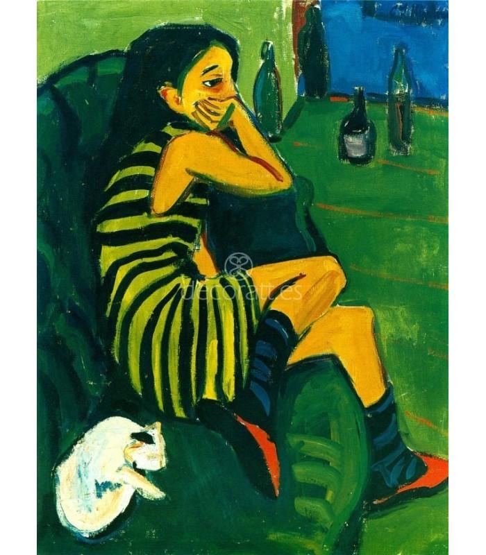 Decoratt Muchacha en sofa verde con gato