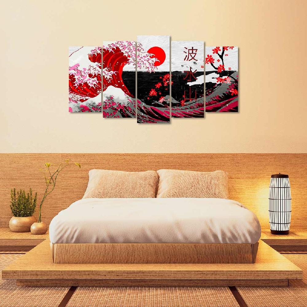 Dekoarte Cuadro En Lienzo Tríptico Adaptación De La Gran Ola De Kanagawa En Rojo