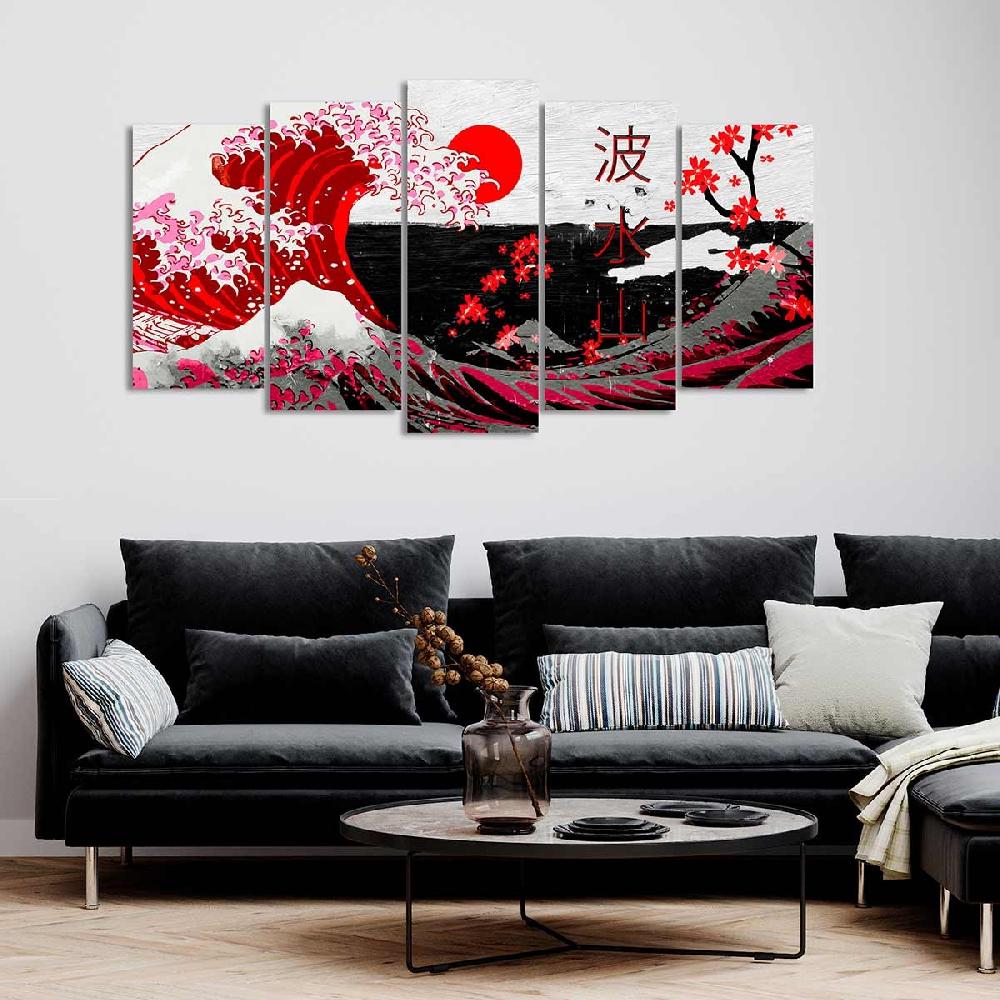 Dekoarte Cuadro En Lienzo Tríptico Adaptación De La Gran Ola De Kanagawa En Rojo