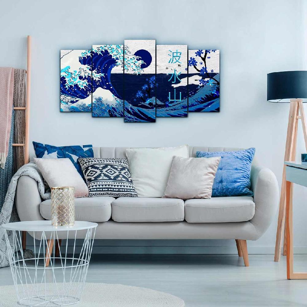 Dekoarte Cuadro En Lienzo Tríptico Adaptación De La Gran Ola De Kanagawa En Azul