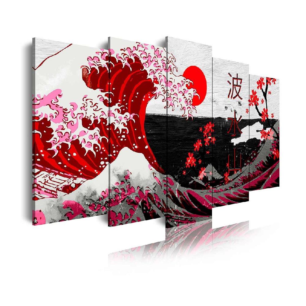 Dekoarte Cuadro en Lienzo Tríptico Adaptación De la Gran Ola de Kanagawa en Rojo