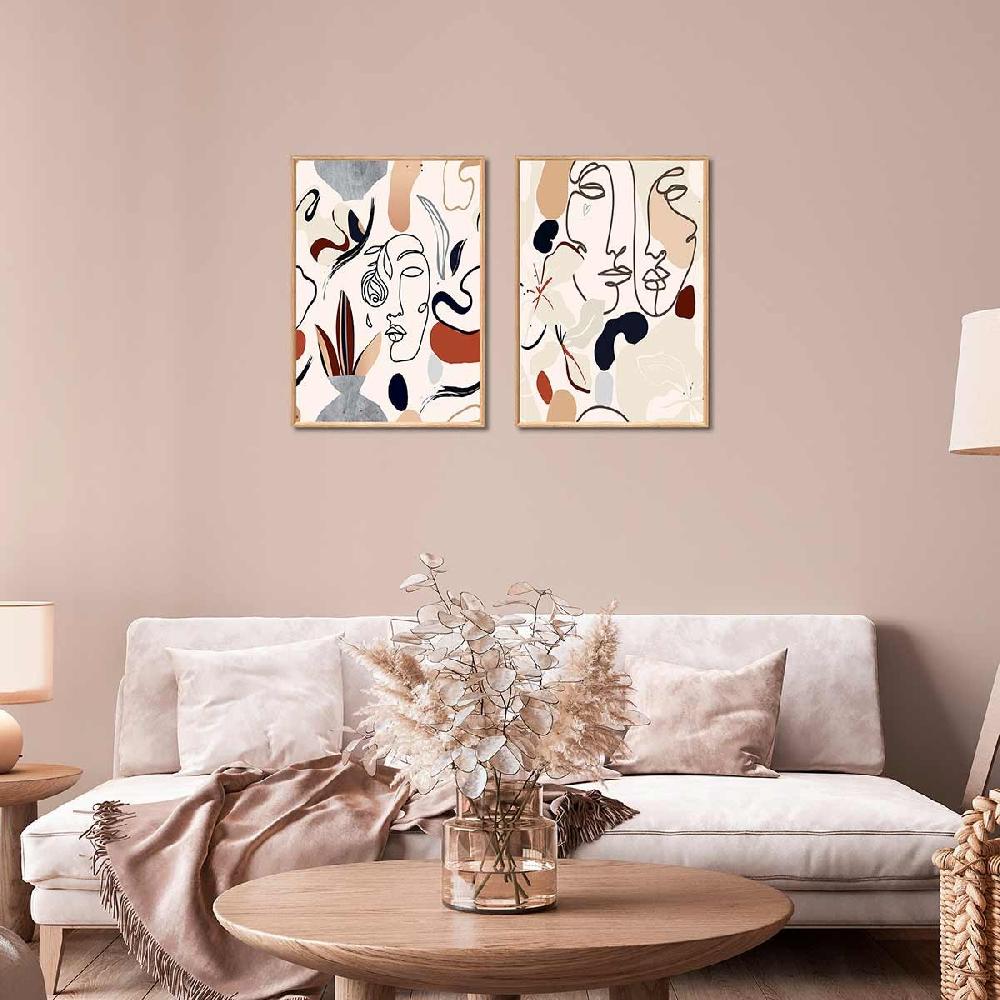 Dekoarte Cuadro Triptico Con Marco De Color Madera Caras Trazos