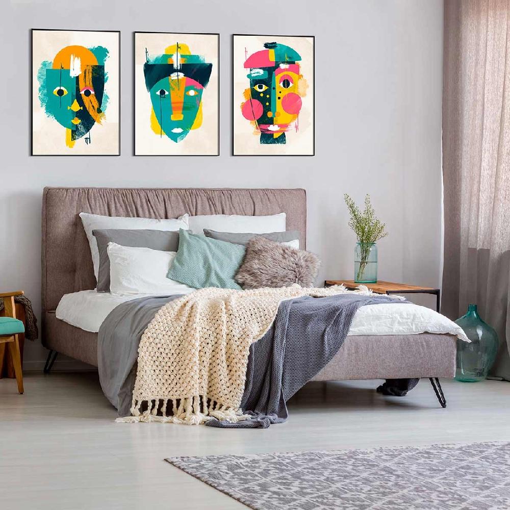 Dekoarte Cuadro Tríptico Con Marco Negro Caras Estilo Picasso