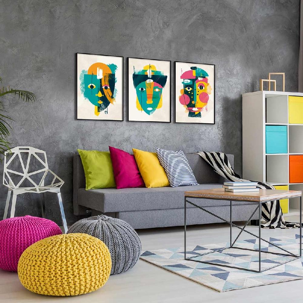 Dekoarte Cuadro Tríptico Con Marco Negro Caras Estilo Picasso