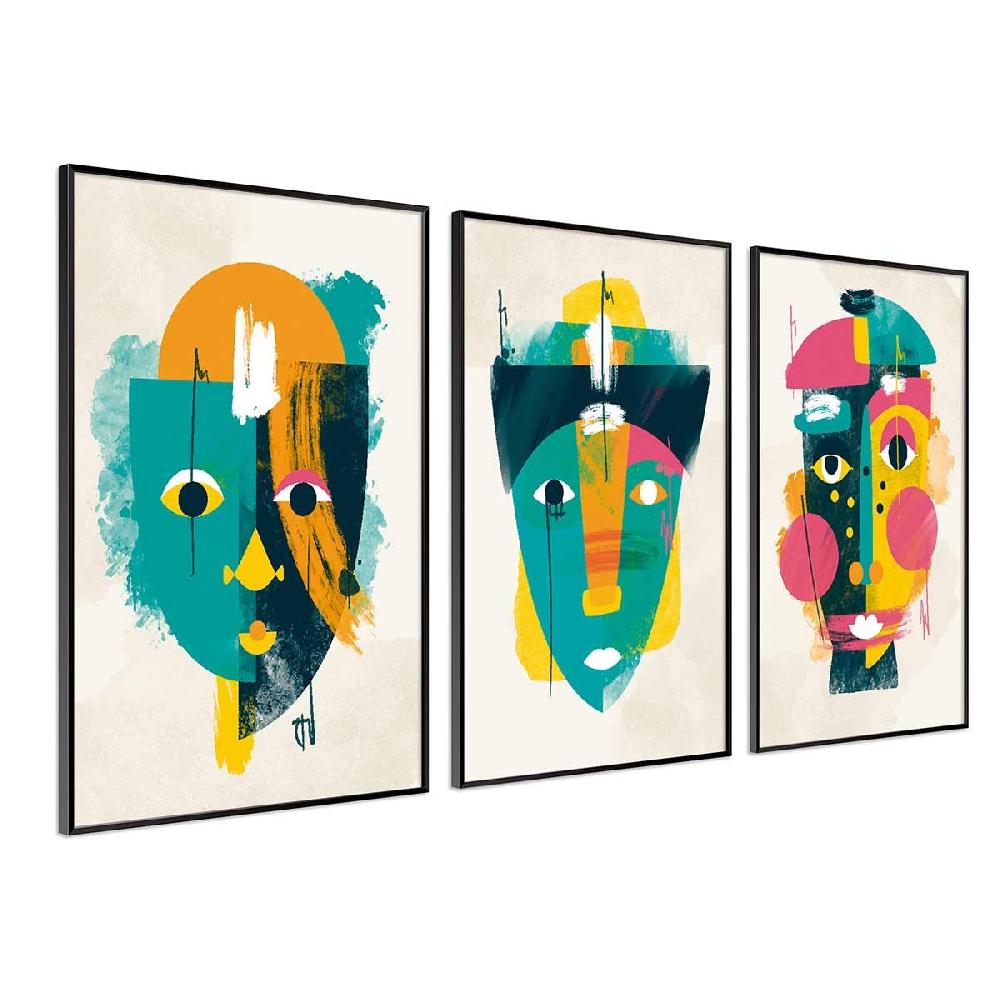 Dekoarte Cuadro Tríptico con Marco Negro Caras Estilo Picasso