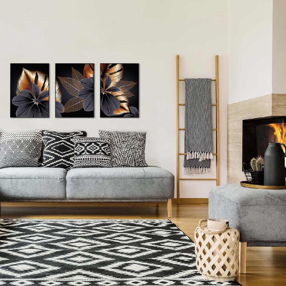 Dekoarte Cuadro Tríptico Con Marco Negro Estilo Flores