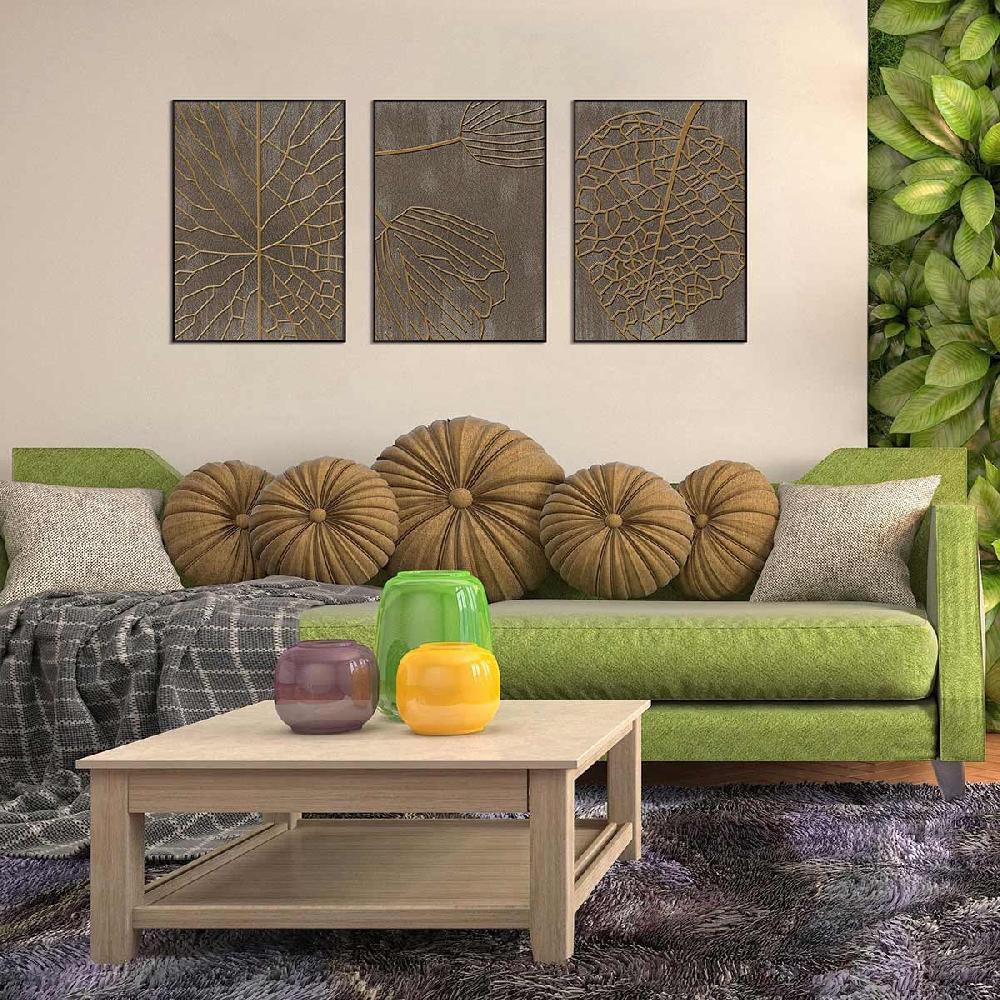 Dekoarte Cuadro Tríptico Con Marco Negro Estilo Naturaleza Efecto Relieve