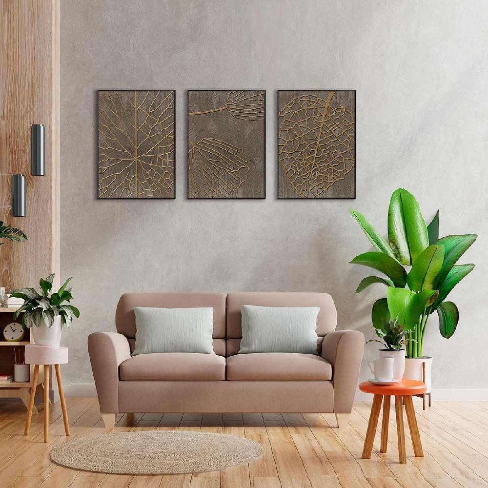 Dekoarte Cuadro Tríptico Con Marco Negro Estilo Naturaleza Efecto Relieve