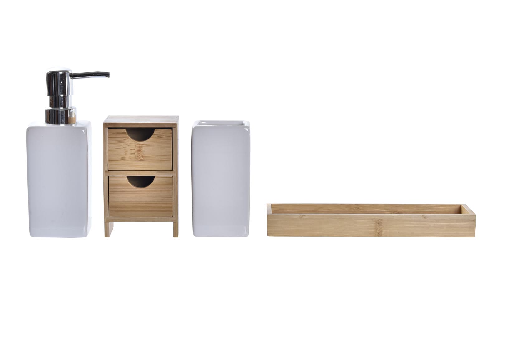 Dekodonia DISPENSADOR JABÓN CON VASO Y ALMACENAJE BAMBÚ