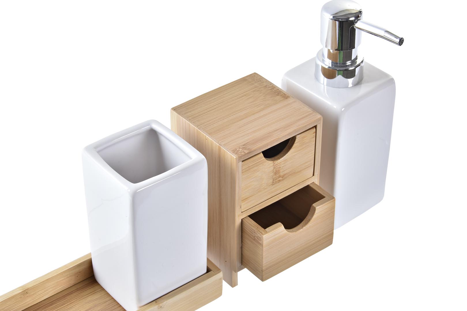 Dekodonia DISPENSADOR JABÓN CON VASO Y ALMACENAJE BAMBÚ