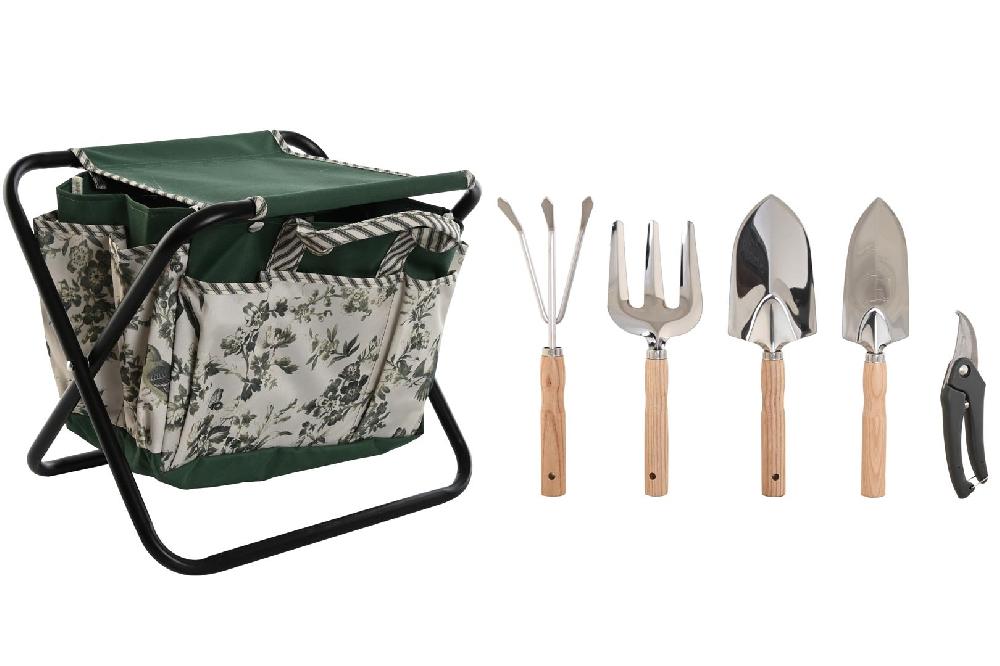 Dekodonia SET UTENSILIOS JARDINERÍA CON TABURETE ESTAMPADO